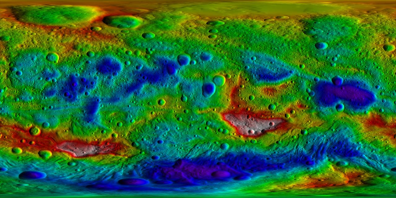 This color-coded topography map from NASA Dawn mission shows the giant asteroid Vesta in an equirectangular projection at 32 pixels per degree, relative to an ellipsoid of 177 miles by 177 miles by 142 miles.