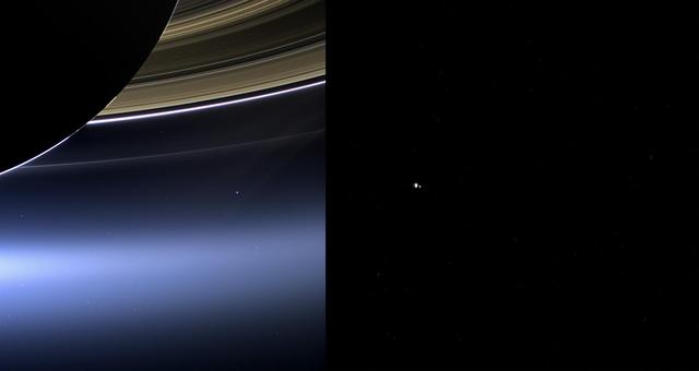 These images show views of Earth and the moon from NASA Cassini left and MESSENGER spacecraft right from July 19, 2013.