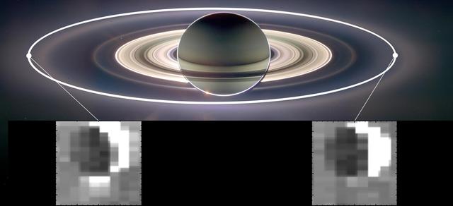 This set of images from NASA Cassini mission shows how the gravitational pull of Saturn affects the amount of spray coming from jets at the active moon Enceladus.