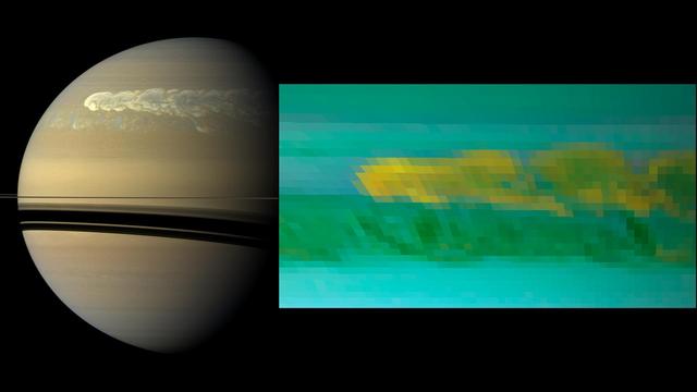 This set of images from NASA Cassini mission shows the turbulent power of a monster Saturn storm. The visible-light image in the back, obtained on Feb. 25, 2011 shows the turbulent clouds churning across the face of Saturn.