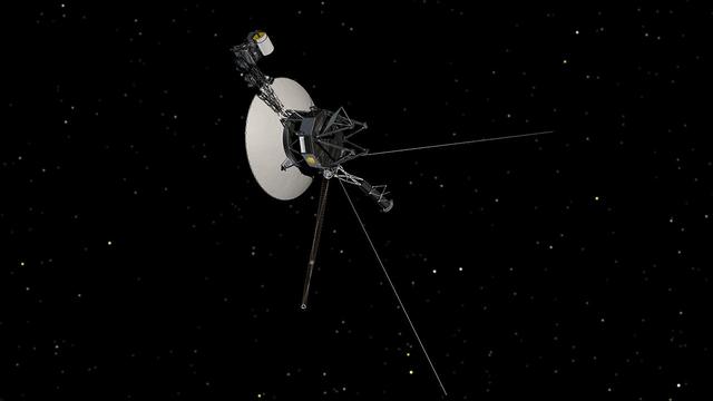 This artist concept shows NASA Voyager spacecraft against a backdrop of stars.