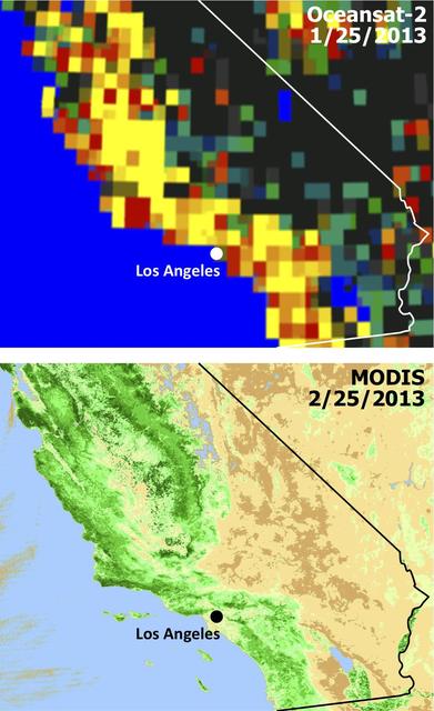 Extensive and persistent rains between Jan. 24 and Jan. 27, 2013, significantly increased soil moisture and enhanced vegetation growth in Southern California based on data from NASA Aqua spacecraft and ISRO Oceansat-2 satellite.