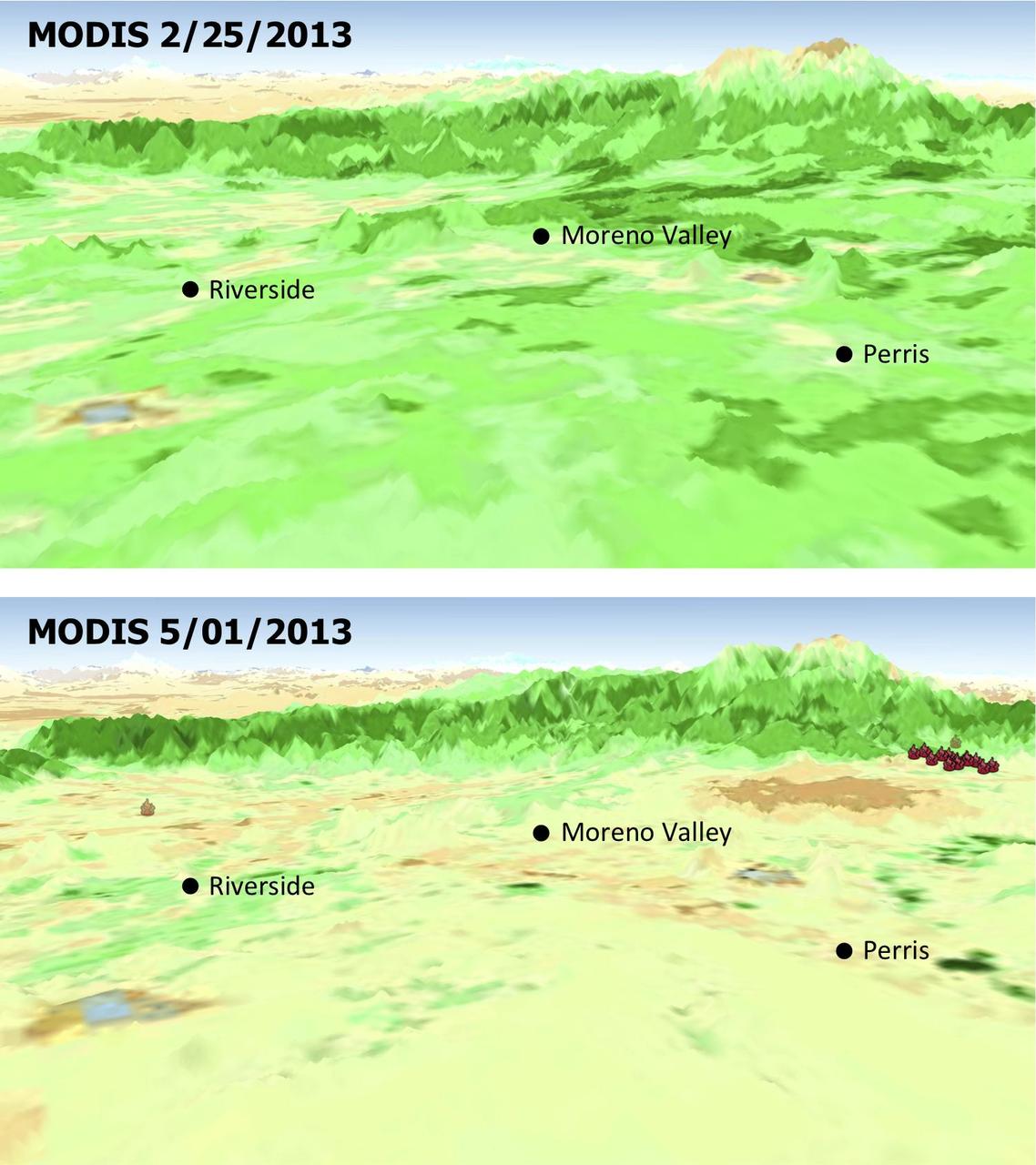 The quick dry-out of vegetation in Southern California this year is depicted in this pair of images from the Moderate Resolution Imaging Spectroradiometer MODIS sensor on NASA Aqua spacecraft.