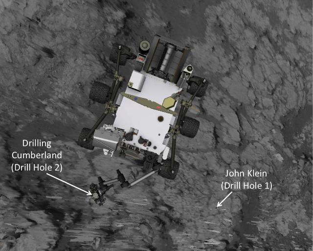 This image produced from software used for planning drives of NASA Mars rover Curiosity depicts the location and size of the rover when it was driven into position for drilling into rock target Cumberland.