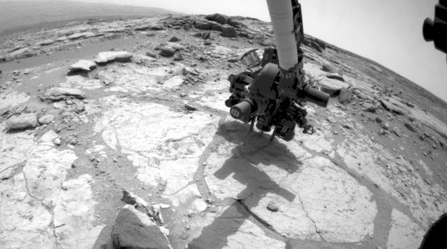 This frame from an animation from NASA Mars rover Curiosity shows the rover drilling into rock target Cumberland. The drilling was performed during the 279th Martian day, or sol, of the Curiosity work on Mars May 19, 2013.