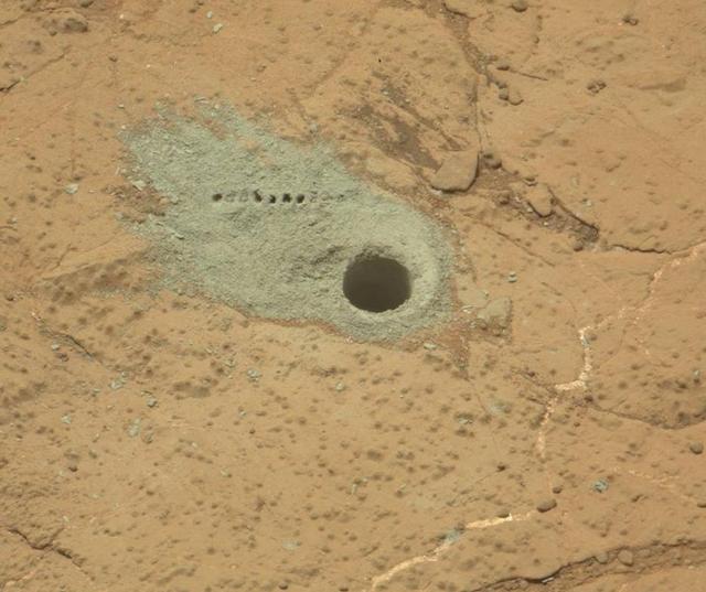 NASA image: Drilled Hole and ChemCam Marks at Cumberland