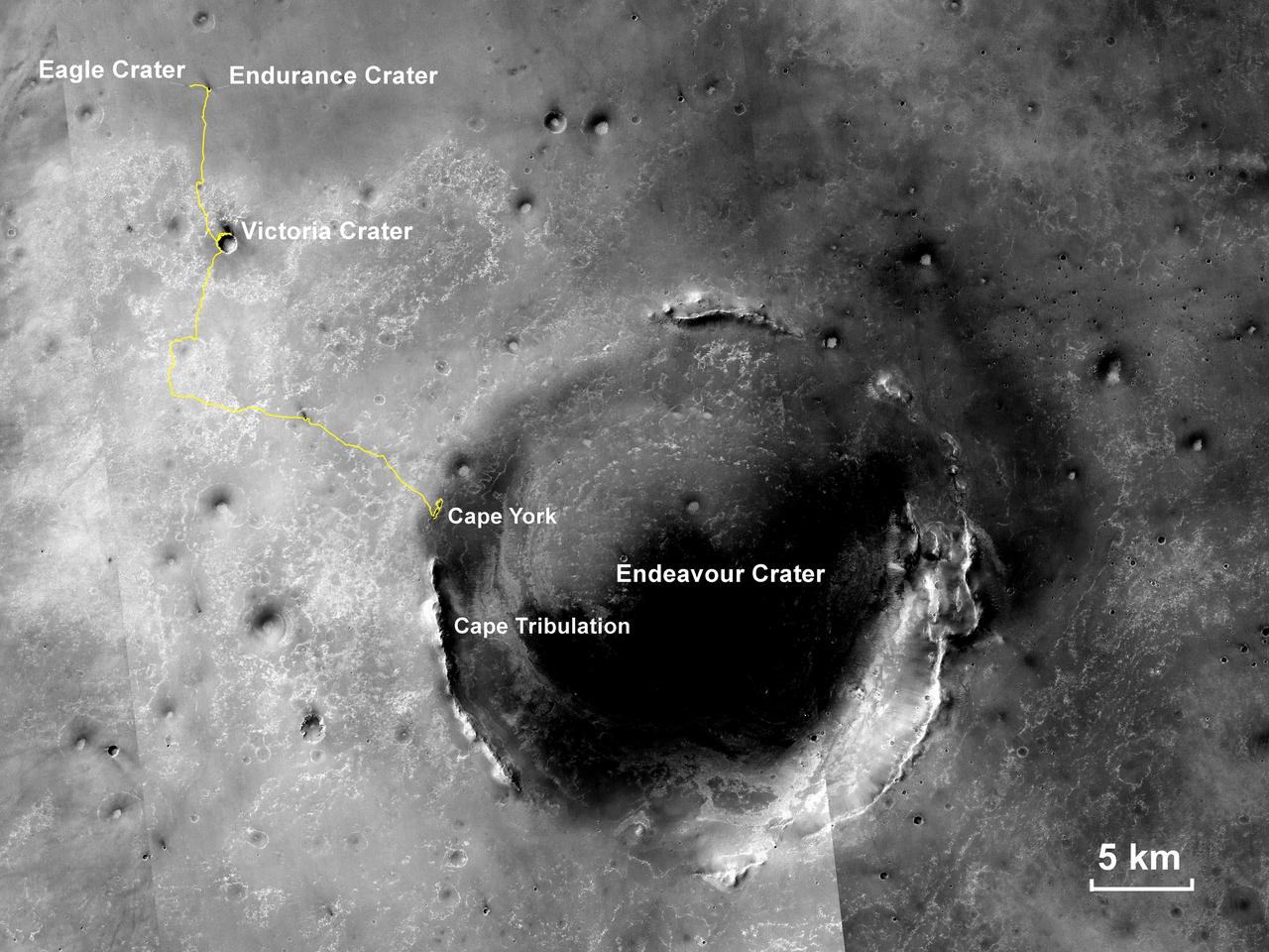 This map shows the route driven by NASA Opportunity rover from the site of its landing, inside Eagle crater, to its location more than 112 months later, in late May 2013, departing the Cape York section of the rim of Endeavour crater.