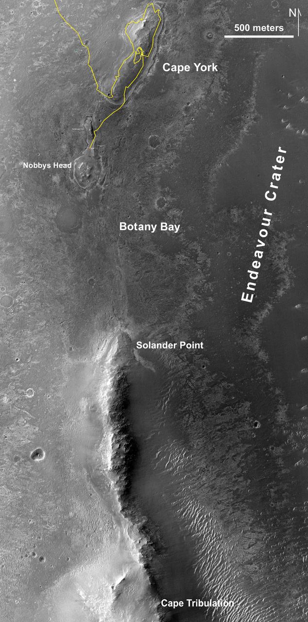 This map of a portion of the western rim of Endeavour Crater on Mars shows the path of NASA Mars Exploration Rover Opportunity as the rover is driving from the Cape York segment of the rim to its next destination, the Solander Point segment.