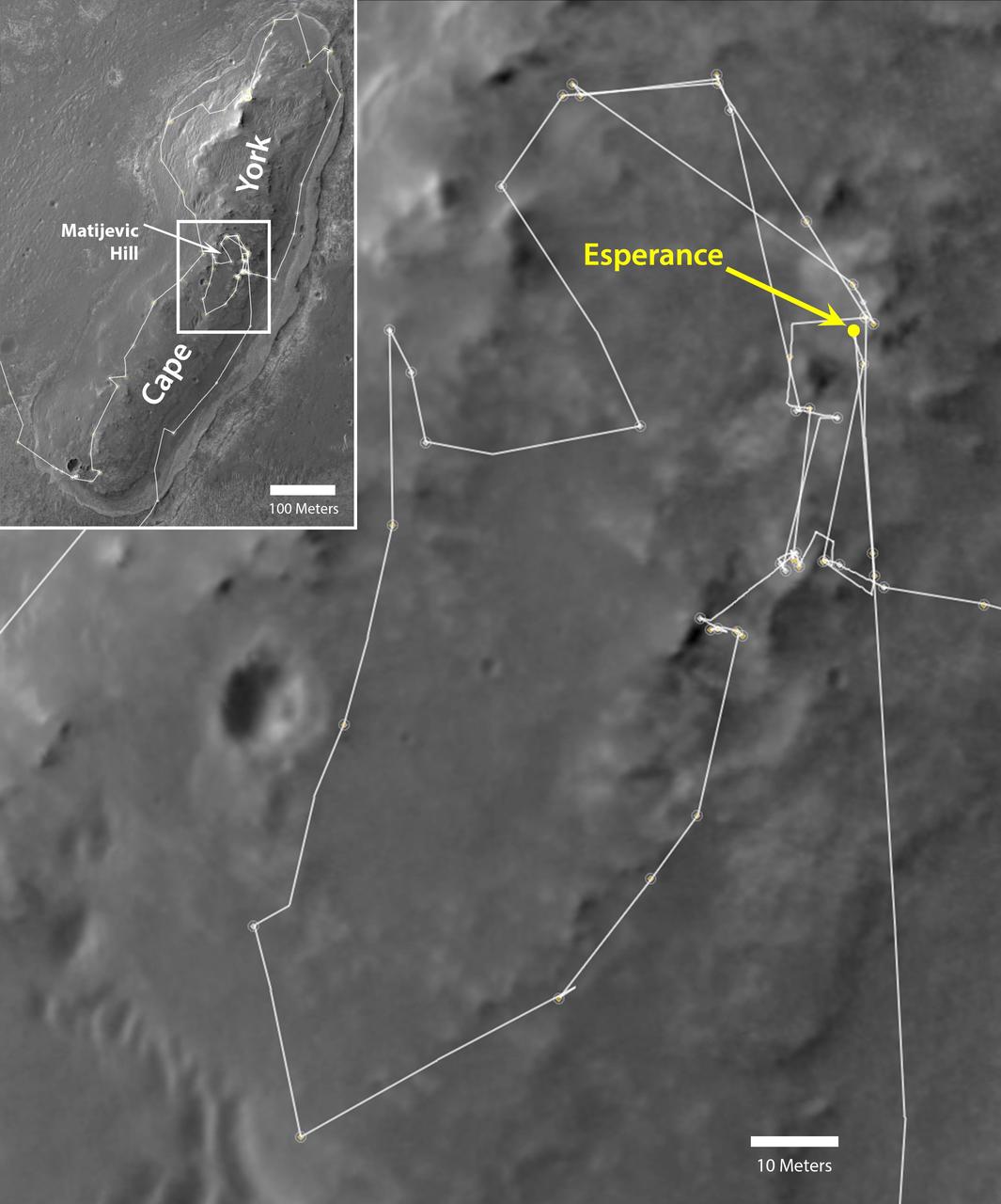 NASA Mars Exploration Rover Opportunity drove onto the Cape York segment of the rim of Endeavour Crater in August 2011 and departed Cape York in May 2013. The location of a rock target called Esperance is indicated in the main map.