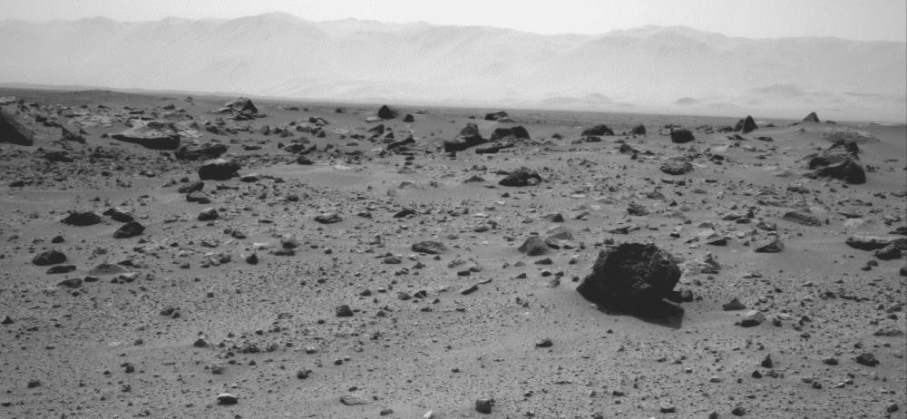 The prominent rock in this image from NASA rover Curiosity, informally named East Bull Rock, is about 20 inches half a meter high. The rock-studded local rise dominating the image is called Elsie Mountain.