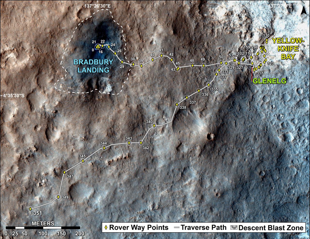 The total distance driven by NASA Mars rover Curiosity passed the one-mile mark a few days before the first anniversary of the rover landing on Mars. The mapped area is within Gale Crater, and north of Mount Sharp, in the middle of the crater.