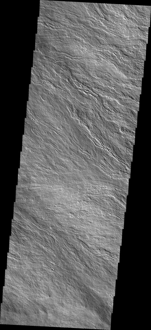 The lava flows in this image captured by NASA 2001 Mars Odyssey spacecraft are located on Olympus Mons, the largest volcano in the solar system.