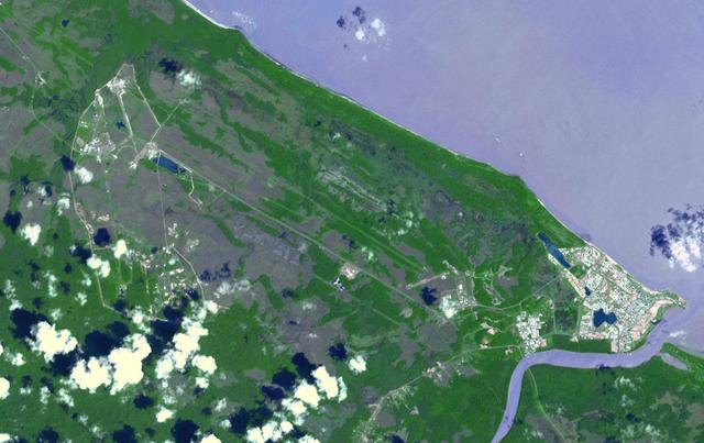 This image from NASA Terra spacecraft shows the town of Kourou, which sits at the mouth of the Kourou River, French Guiana.