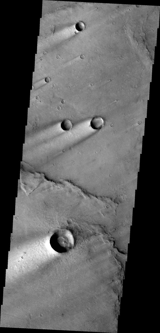 These windstreaks are located on Syrtis Major Planum, as shown in this image captured by NASA 2001 Mars Odyssey spacecraft.