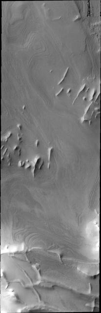 Located further north than yesterday image, ridges are still prevalent in this image captured by NASA 2001 Mars Odyssey spacecraft. Layers of material cover this region.