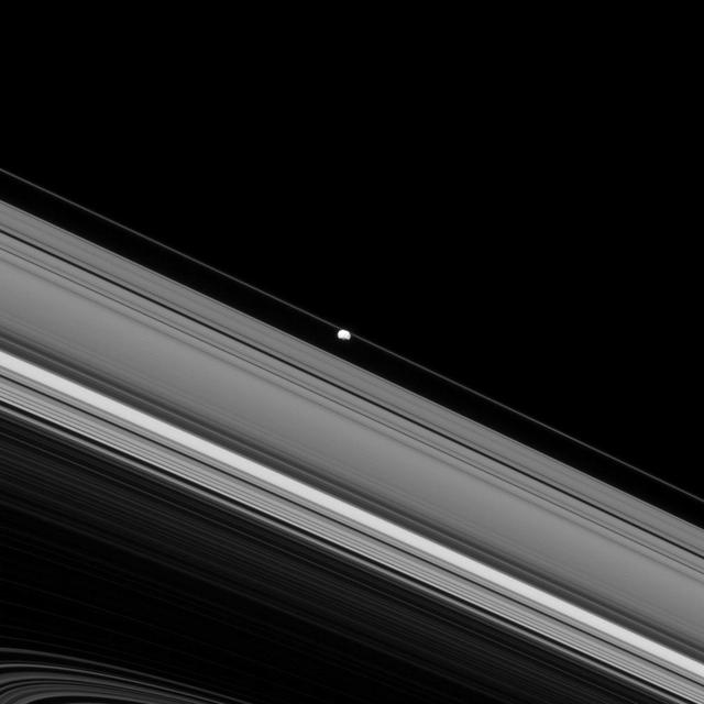 This image taken by NASA Cassini spacecraft shows Epimetheus, which orbits Saturn well outside of the F ring orbit.