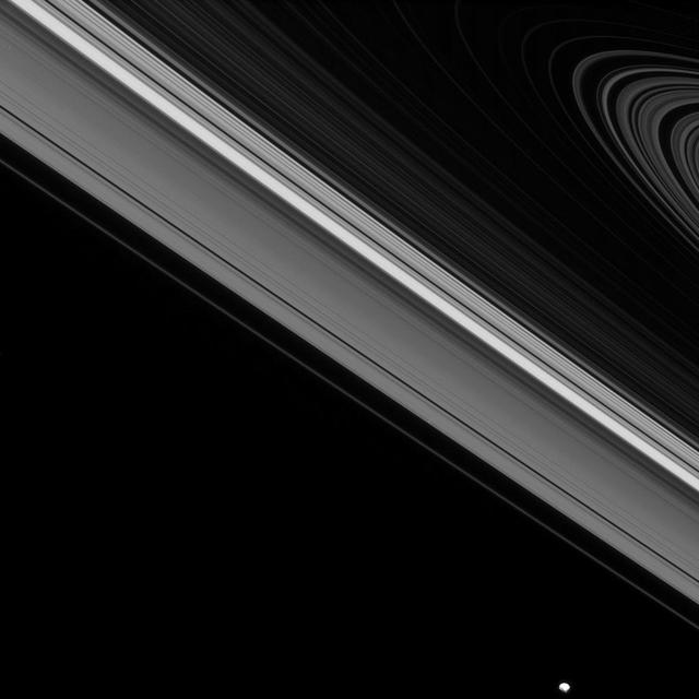 While the moon Epimetheus passes by, beyond the edge of Saturn main rings, the tiny moon Daphnis carries on its orbit within the Keeler gap of the A ring in this image from NASA Cassini spacecraft.