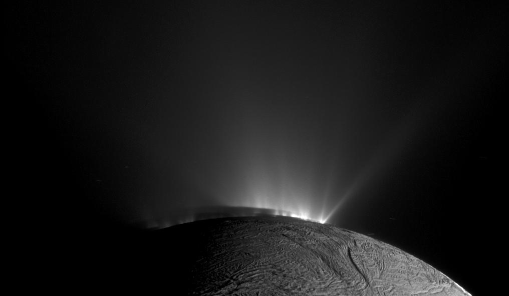 This image from NASA Cassini spacecraft, one of those acquired in the survey conducted by the Cassini imaging science team of the geyser basin at the south pole of Enceladus, was taken as Cassini was looking across the moon south pole.