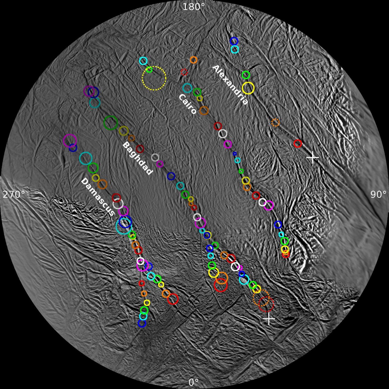 On this polar stereographic map of Enceladus south polar terrain, all 100 geysers have been plotted whose source locations have been determined in NASA Cassini imaging survey of the moon geyser basin.