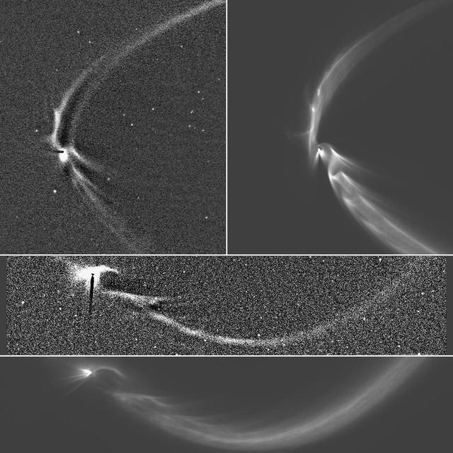 This collage of NASA Cassini spacecraft images and computer simulations shows how long, sinuous features from Enceladus can be modeled by tracing the trajectories of tiny, icy grains ejected from the moon south polar geysers.