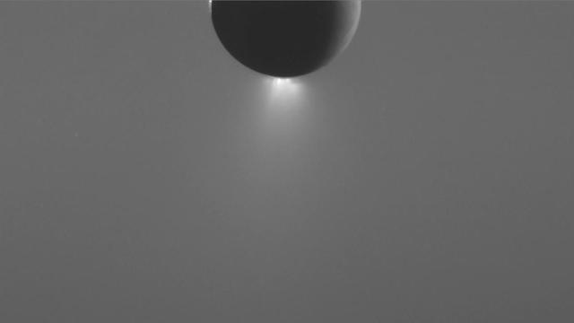 This frame from a sequence of images, captured by NASA Cassini spacecraft, shows changes in the brightness of the Enceladus plume during a 6.5-hour observation.