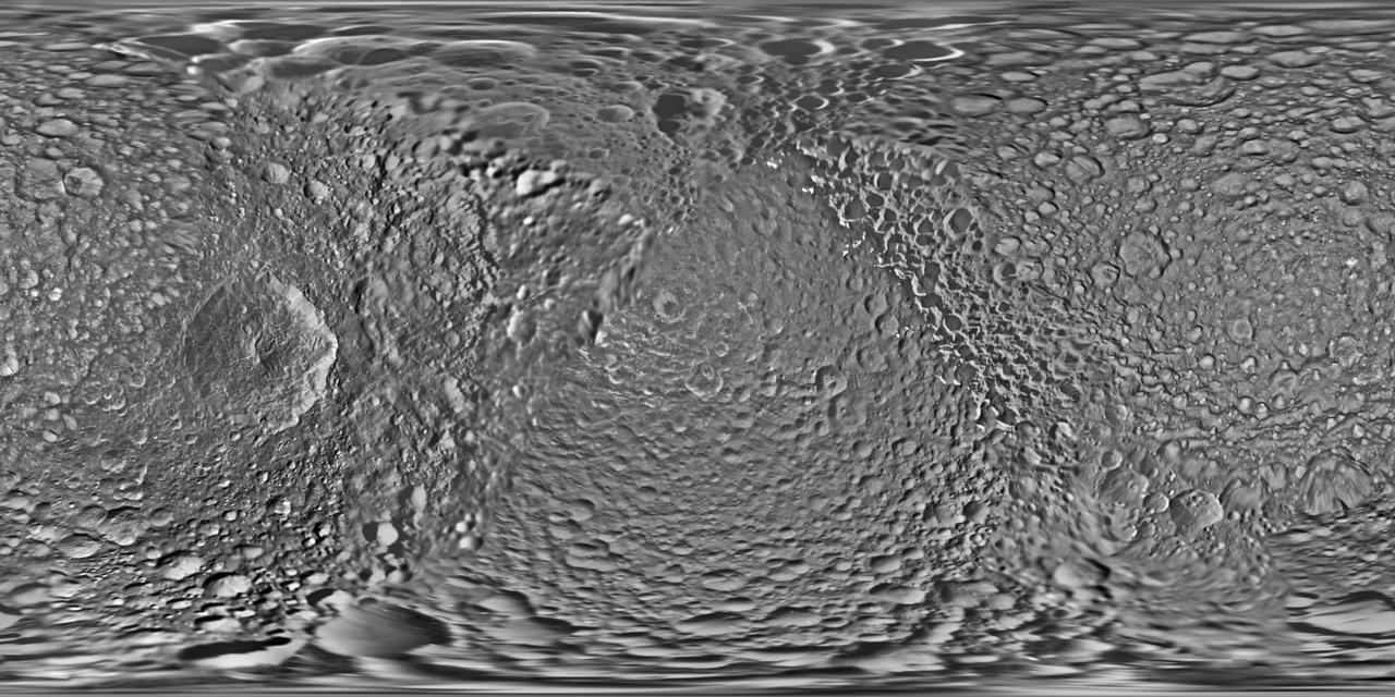 This global map of Saturn's moon Mimas was created using images taken during Cassini spacecraft flybys. The moon's large, distinguishing crater, Herschel, is seen on the map at left.  The map is an equidistant (simple cylindrical) projection and has a scale of 710 feet (216 meters) per pixel at the equator. The mean radius of Mimas used for projection of this map is 123.2 miles (198.2 kilometers). The resolution of the map is 16 pixels per degree.  The update includes new images for almost half of the moon's surface, with new images from two close flybys, in Nov. 2016 and Feb. 2017. The moon's western hemisphere, south pole and parts of the eastern hemisphere received updates in this version.   https://photojournal.jpl.nasa.gov/catalog/PIA17214