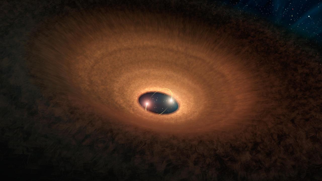 In this artist impression, a pair of stars peeks out from a tilted disk twirling around them, allowing astronomers to monitor their blinking pattern.