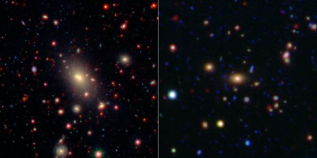 This image shows two of the galaxy clusters observed by NASA WISE and Spitzer Space Telescope missions. Galaxy clusters are among the most massive structures in the universe.