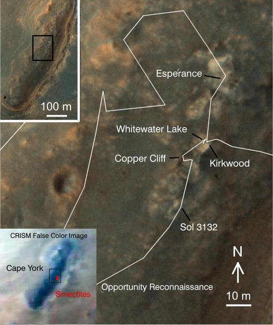 A region known as Cape York on the western rim of Endeavour Crater, where the Opportunity rover worked for 20 months, is highlighted in these images from NASA Mars Reconnaissance Orbiter.