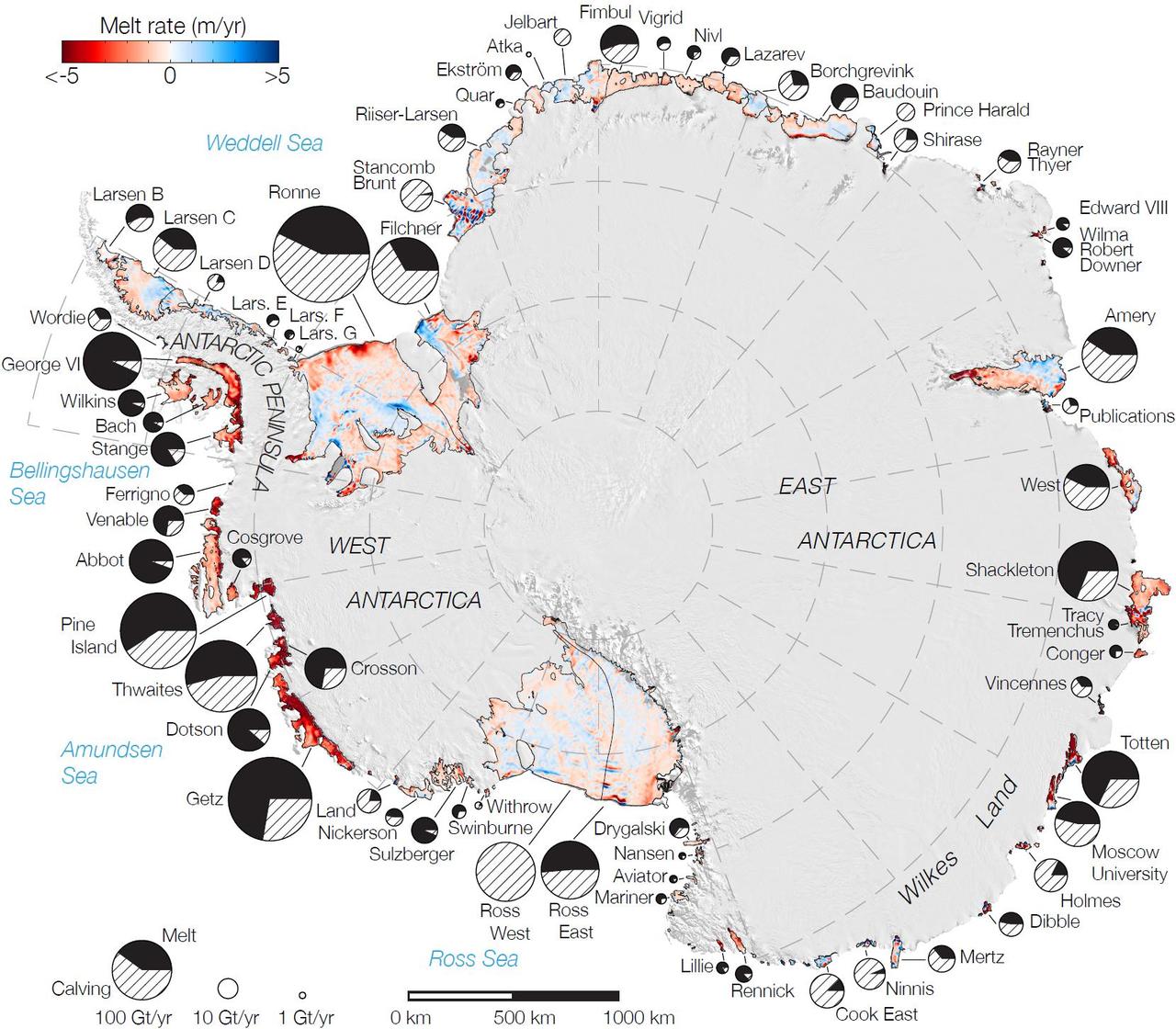 Rates of basal melt of Antarctic ice shelves melting of the shelves from underneath overlaid on a 2009 mosaic of Antarctica created from data from NASA Terra and Aqua spacecraft.