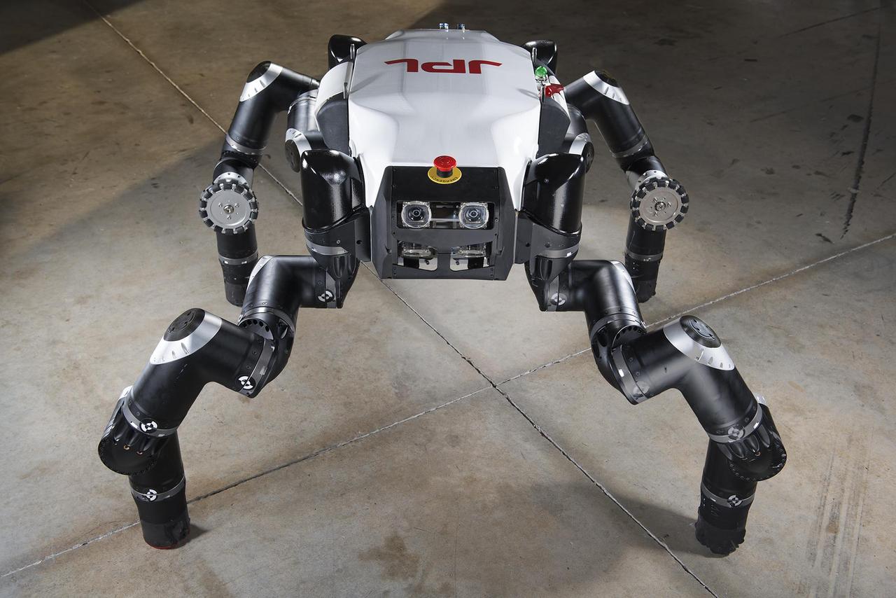 Known as Clyde, RoboSimian is an an ape-like robot designed and built at Jet Propulsion Laboratory, Pasadena, Ca. The robot is four-footed but can also stand on two feet. It has four general-purpose limbs and hands capable of mobility and manipulation.