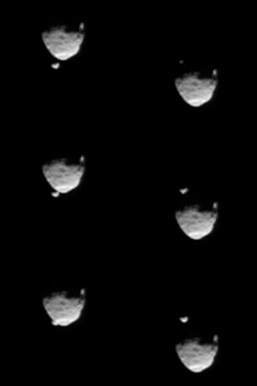 These six images from NASA Mars rover Curiosity show the two moons of Mars moments before left three and after right three the larger moon, Phobos, occulted Deimos on Aug. 1, 2013.