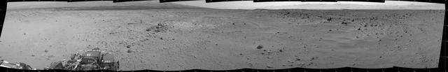 This mosaic of images from the Navigation Camera Navcam on NASA Mars rover Curiosity shows the scene from the rover position on the 376th Martian day, or sol, of the mission Aug. 27, 2013.