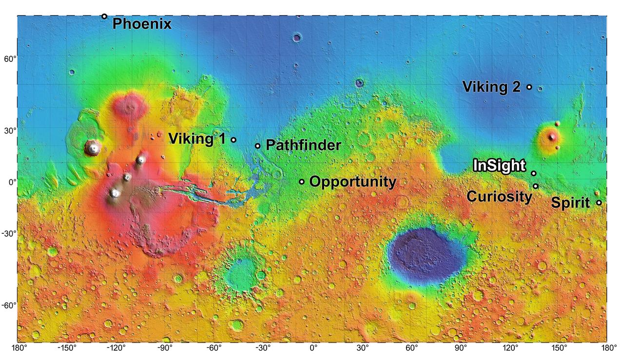 The process of selecting a site for NASA's next landing on Mars, planned for September 2016, has narrowed to four semifinalist sites located close together in the Elysium Planitia region of Mars. The mission known by the acronym InSight will study the Red Planet's interior, rather than surface features, to advance understanding of the processes that formed and shaped the rocky planets of the inner solar system, including Earth. The location of the cluster of semifinalist landing sites for InSight is indicated on this near-global topographic map of Mars, which also indicates landing sites of current and past NASA missions to the surface of Mars. The mission's full name is Interior Exploration Using Seismic Investigations, Geodesy and Heat Transport. The location of Elysium Planitia close to the Martian equator meets an engineering requirement for the stationary InSight lander to receive adequate solar irradiation year-round on its photovoltaic array. The location also meets an engineering constraint for low elevation, optimizing the amount of atmosphere the spacecraft can use for deceleration during its descent to the surface. The number of candidate landing sites for InSight was trimmed from 22 down to four in August 2013. This down-selection facilitates focusing the efforts to further evaluate the four sites. Cameras on NASA's Mars Reconnaissance Orbiter will be used to gather more information about them before the final selection. The topographic map uses data from the Mars Orbiter Laser Altimeter on NASA's Mars Global Surveyor spacecraft. The color coding on this map indicates elevation relative to a reference datum, since Mars has no "sea level." The lowest elevations are presented as dark blue; the highest as white. The difference between green and orange in the color coding is about 2.5 miles (4 kilometers) vertically. Note: After thorough examination, NASA managers have decided to suspend the planned March 2016 launch of the Interior Exploration using Seismic Investigations Geodesy and Heat Transport (InSight) mission. The decision follows unsuccessful attempts to repair a leak in a section of the prime instrument in the science payload. http://photojournal.jpl.nasa.gov/catalog/PIA17357