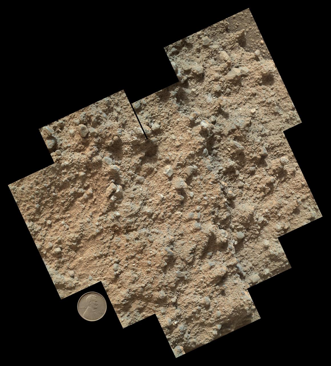 This mosaic of nine images taken at a location called Darwin, inside Gale Crater, were taken by NASA Mars rover Curiosity and shows detailed texture in a conglomerate rock bearing small pebbles and sand-size particles.