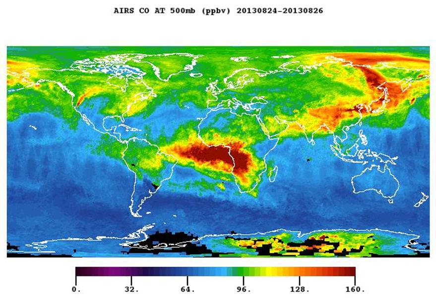The plume of carbon monoxide pollution from the Rim Fire burning in and near Yosemite National Park, Calif., shows a three-day running average of daily measurements from NASA Aqua spacecraft.