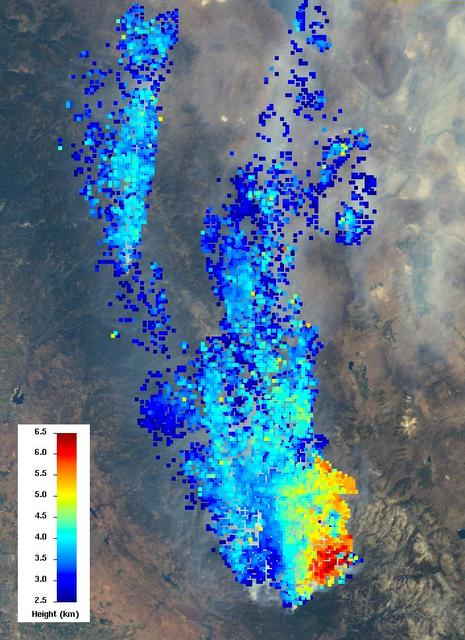 This image from the MISR instrument onboard NASA Terra spacecraft shows a 121-by-165-mile 194-by-266 kilometer portion of California Rim fire where the smoke is the thickest.