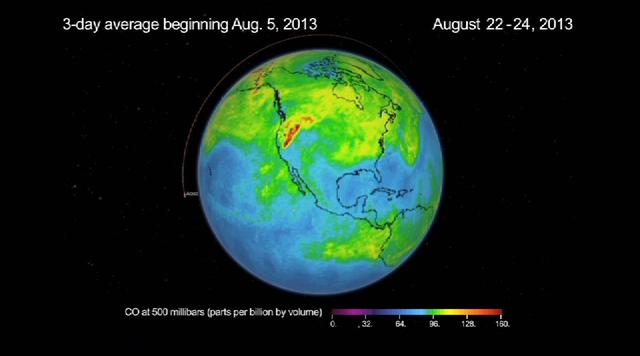 This frame from a movie was produced with data from NASA Aqua spacecraft showing the spread of carbon monoxide pollution across North America from fires in the Western U.S., including the Beaver Creek Fire in Idaho and the Rim Fire in California.