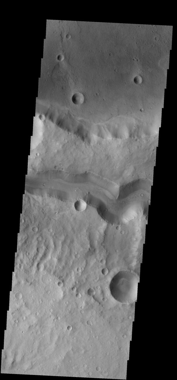 This VIS image from NASA 2001 Mars Odyssey spacecraft shows Tinto Vallis middle of image and Palos Crater top of image.
