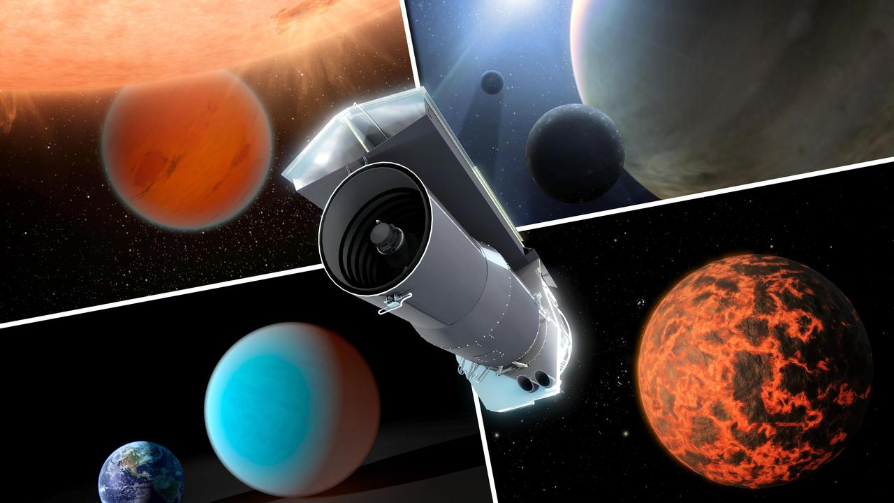 This artist concept shows NASA Spitzer Space Telescope surrounded by examples of exoplanets the telescope has examined in over its ten years in space.