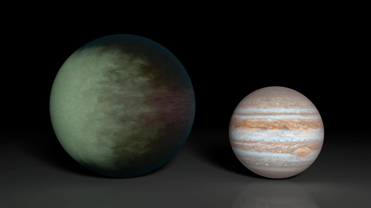 Kepler-7b right, which is 1.5 times the radius of Jupiter left, is the first exoplanet to have its clouds mapped. The cloud map was produced using data from NASA Kepler and Spitzer space telescopes.
