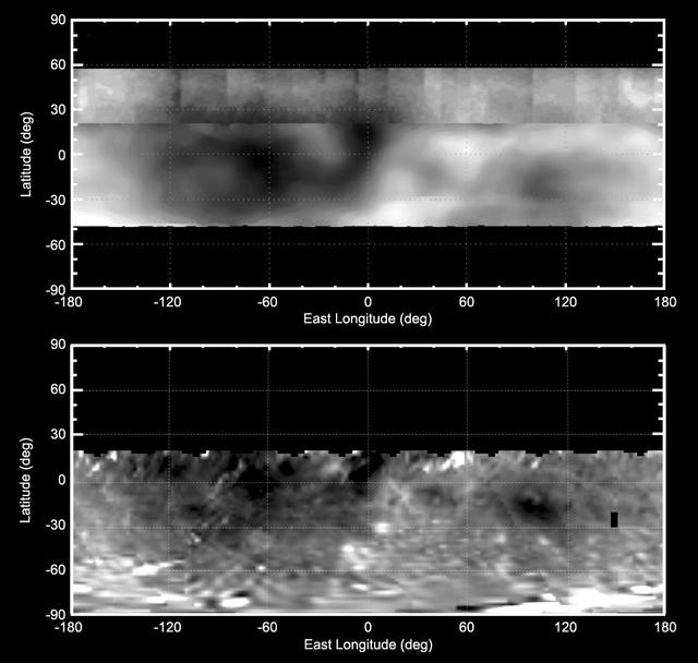 These two maps of the giant asteroid Vesta show patterns of brightness from NASA Hubble Space Telescope top and NASA Dawn spacecraft bottom. Hubble view is from an orbit around Earth. Dawn went into orbit around Vesta from 2011 to 2012.