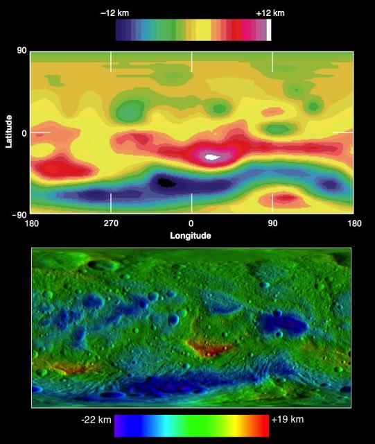 These two images compare topographic maps of the giant asteroid Vesta as discerned by NASA Hubble Space Telescope top and as seen by NASA Dawn spacecraft bottom. Hubble has been in an orbit around Earth, while Dawn orbited Vesta from 2011 to 2012.