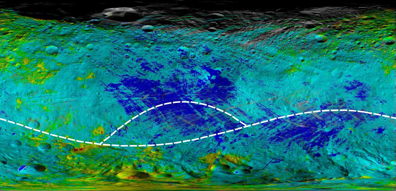 This colorized map from NASA Dawn mission shows the types of rocks and minerals distributed around the surface of the giant asteroid Vesta.