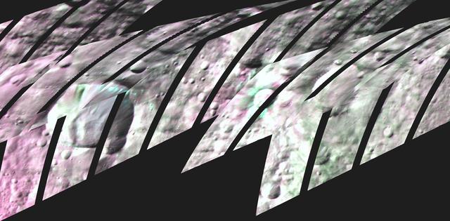 This image shows infrared views of two craters,Bellicia left and Arruntia right, at the giant asteroid Vesta that NASA Dawn mission has found to sport the mineral olivine.