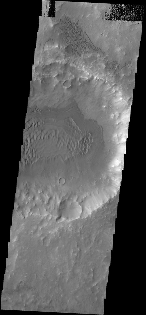 This image shows dunes in and around a crater located on the floor of the much larger Herschel Crater as seen by NASA 2001 Mars Odyssey spacecraft.