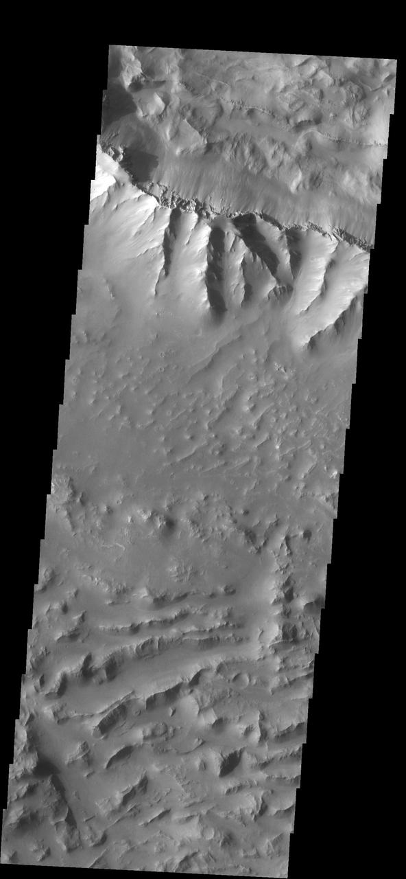 The landslide deposits in this VIS image from NASA 2001 Mars Odyssey spacecraft are located in Valles Marineris and are called Coprates Labes.