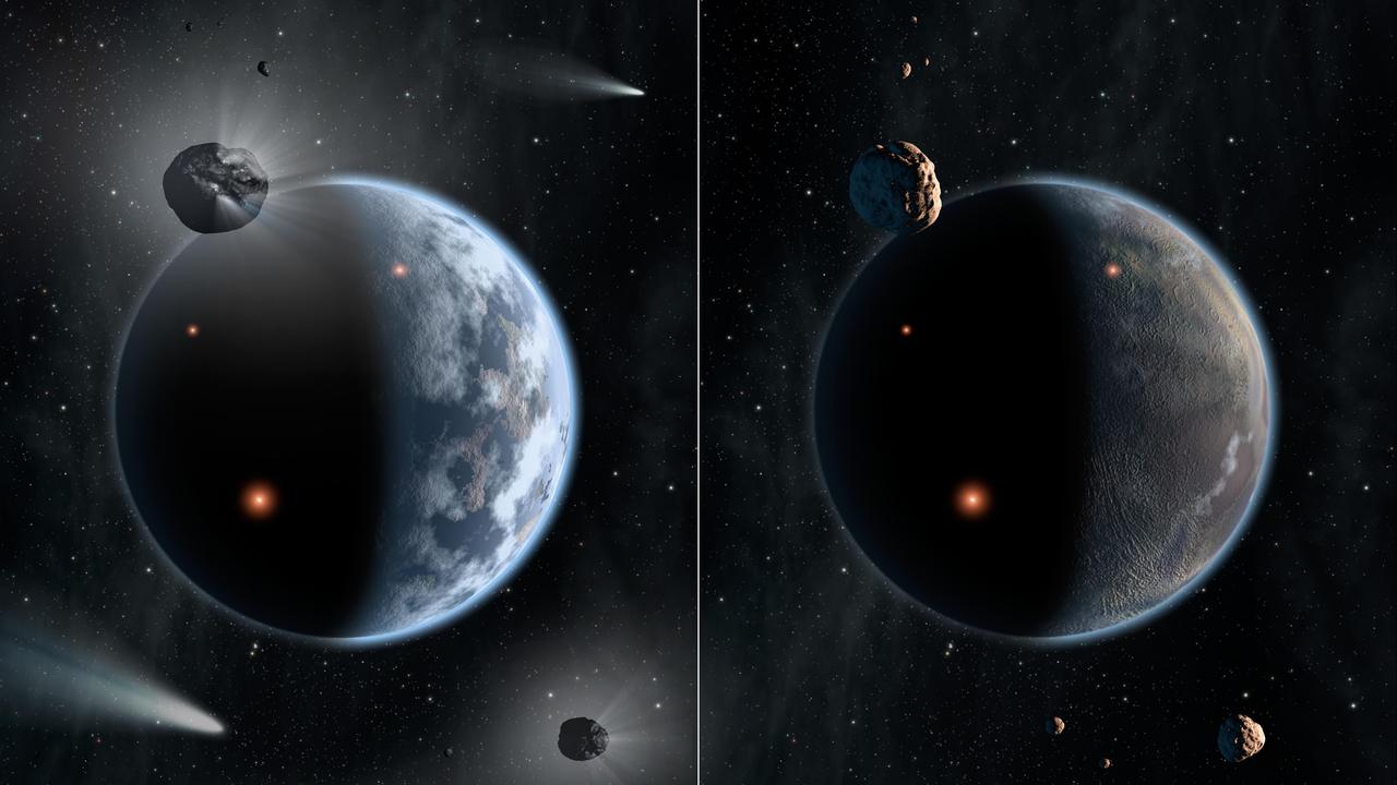 This artist concept illustrates the fate of two different planets: the one on the left is similar to Earth, made up largely of silicate-based rocks with oceans coating its surface.