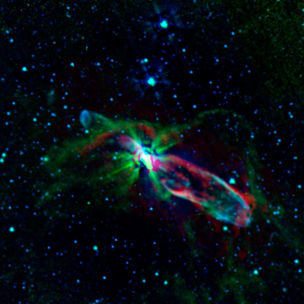 Combined observations from NASA Spitzer Space Telescope and the newly completed Atacama Large Millimetre/submillimeter Array ALMA in Chile have revealed the throes of stellar birth in the well-studied object known as HH 46/47.