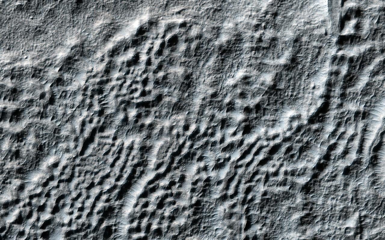 This observation from NASA Mars Reconnaissance Orbiter shows an excellent example of what is called fretted terrain, termed so because of the eroded appearance of the surface.